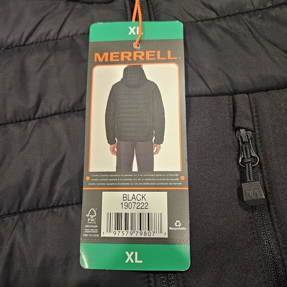 Merrell Men's Hooded Mixed‎ Media Puffer Softshell Jacket, Black, XL